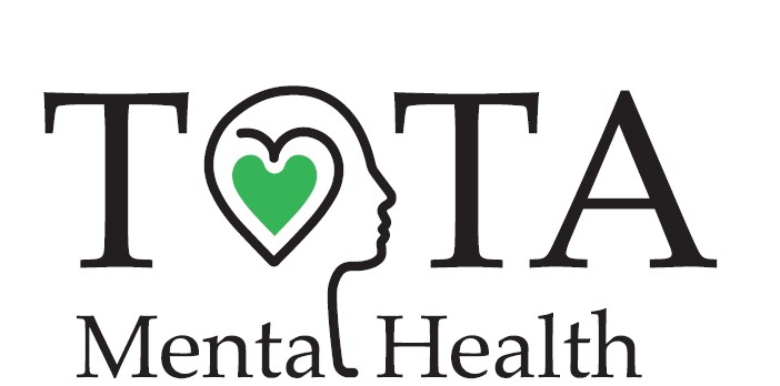TOTA letters using brain with green heart